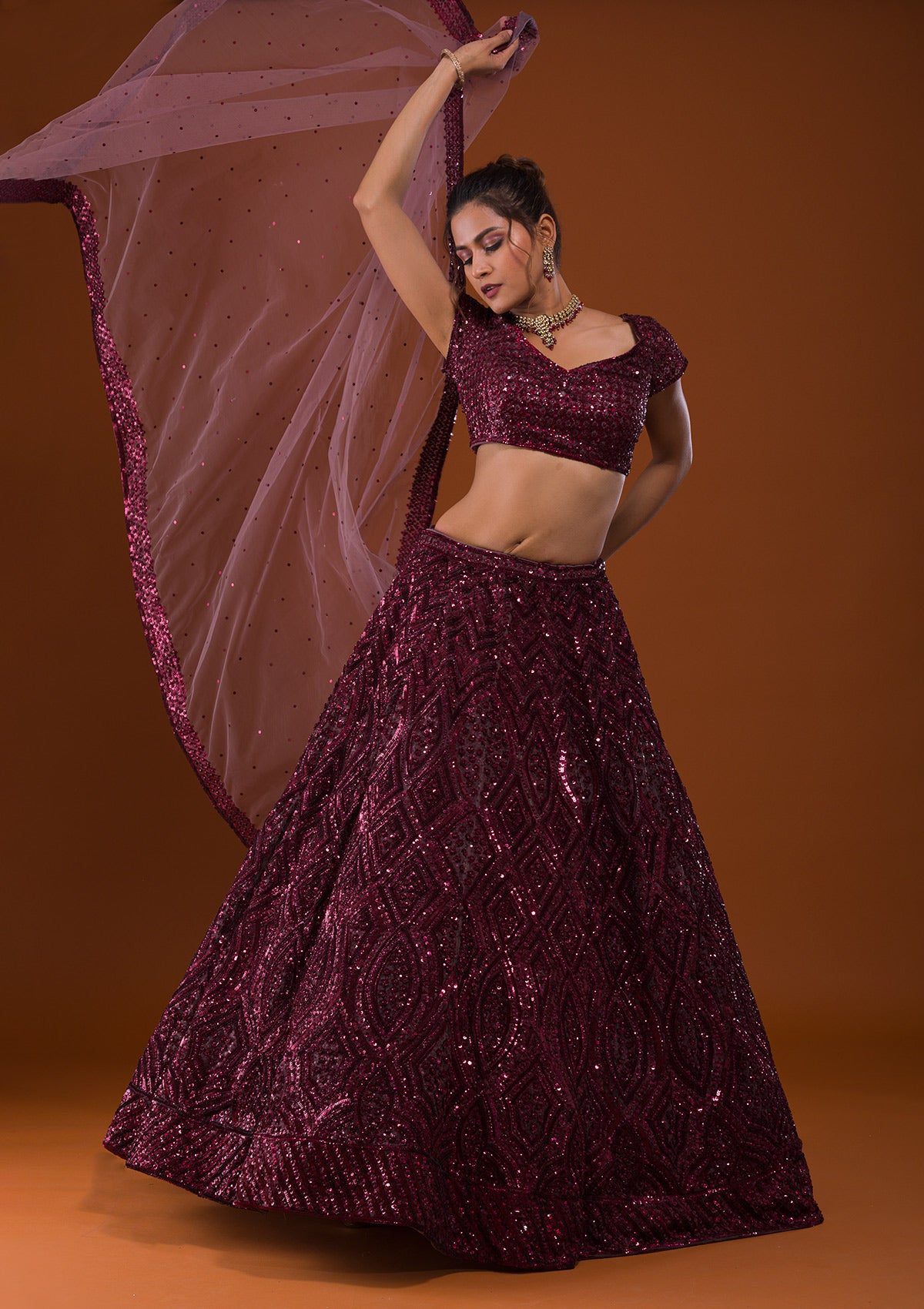 Maroon Sequins Net Readymade Lehenga