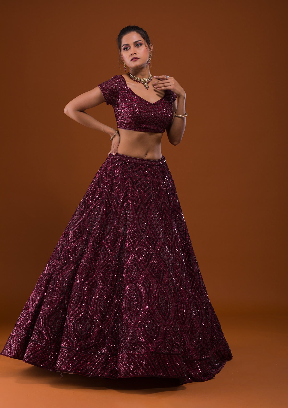 Maroon Sequins Net Readymade Lehenga - Image 5