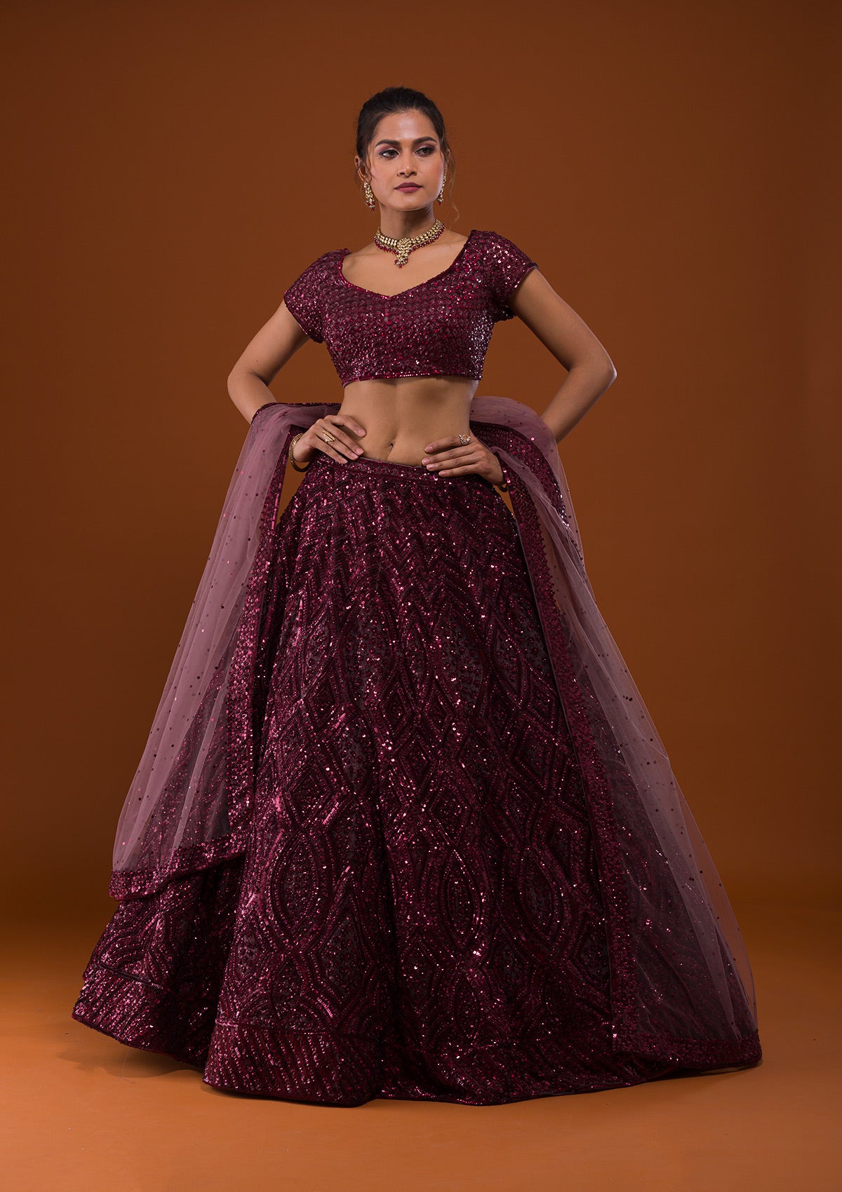 Maroon Sequins Net Readymade Lehenga - Image 4