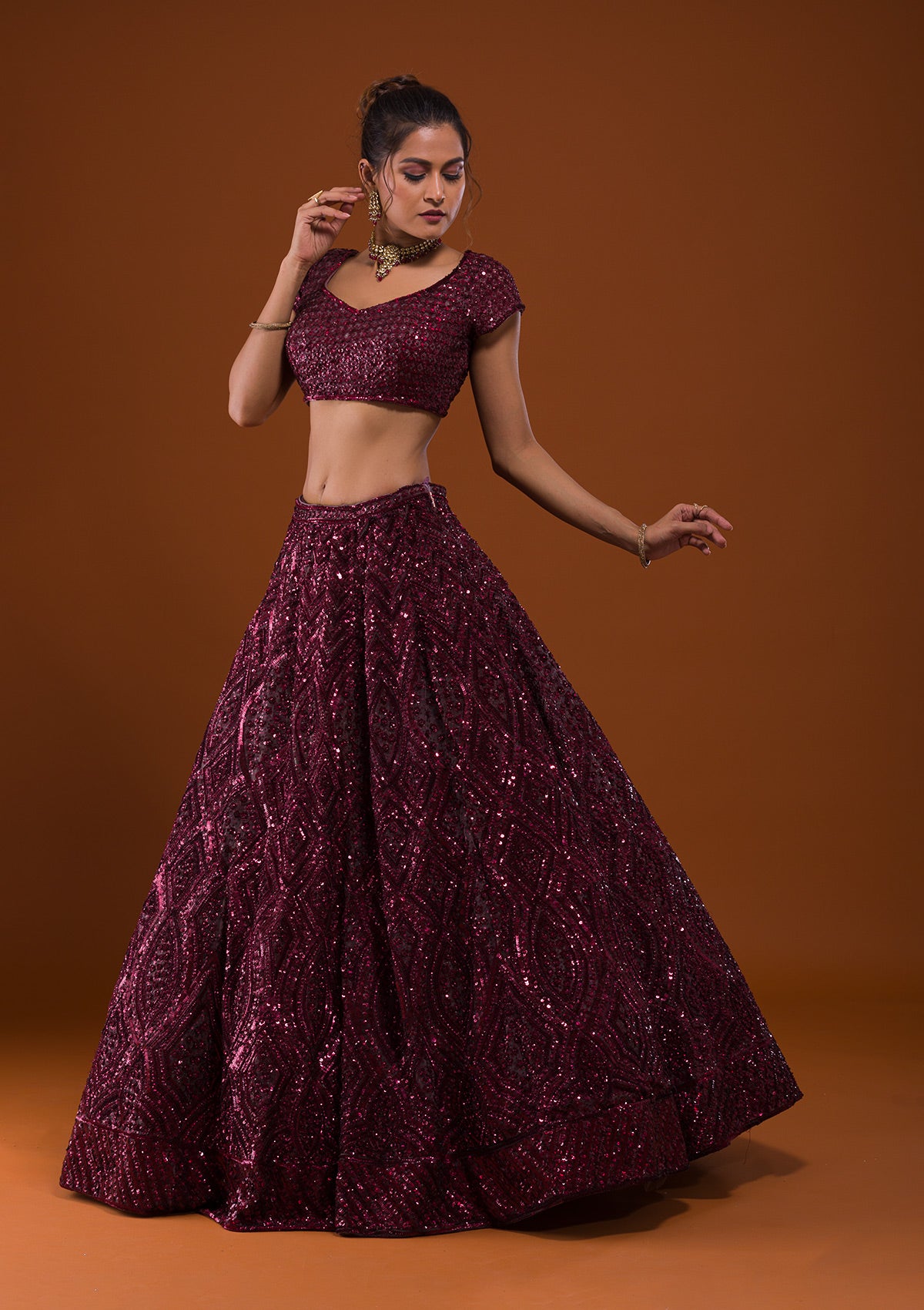 Maroon Sequins Net Readymade Lehenga - Image 3