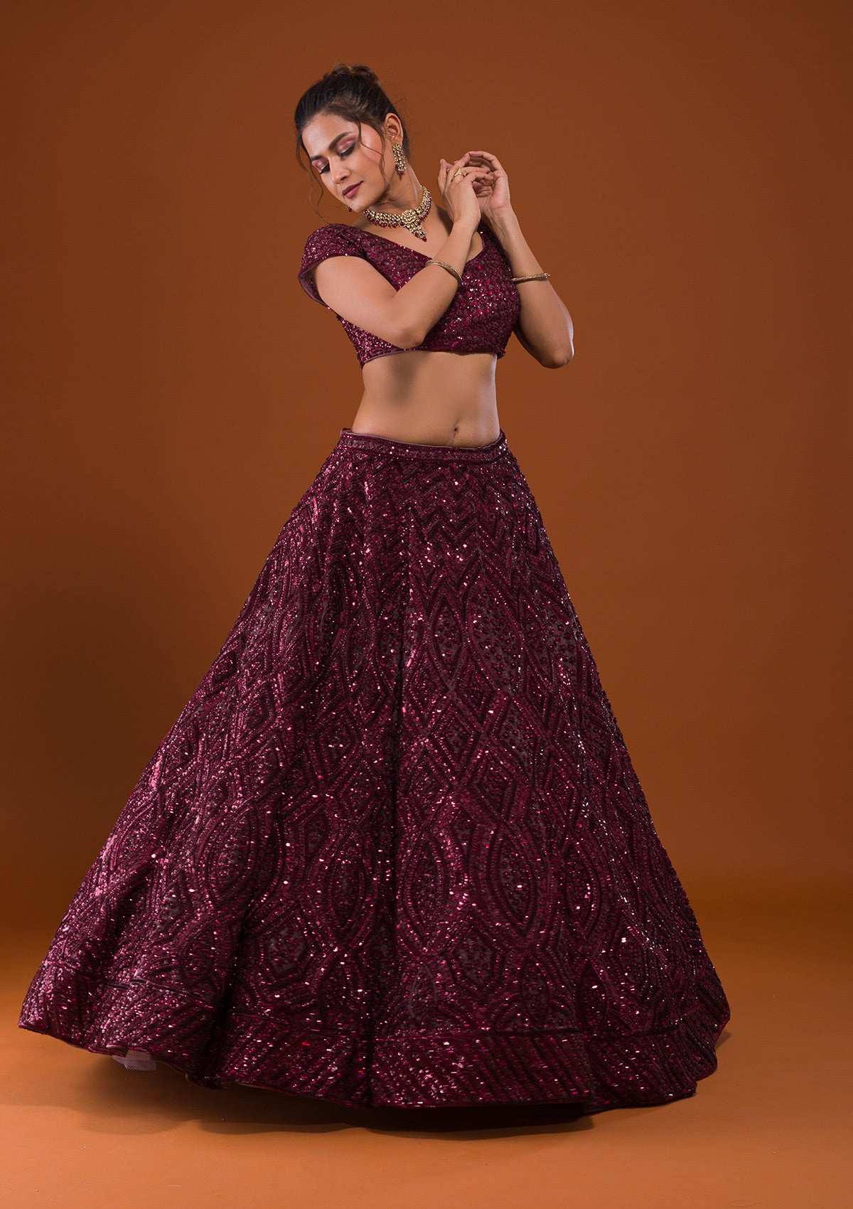 Maroon Sequins Net Readymade Lehenga - Image 2