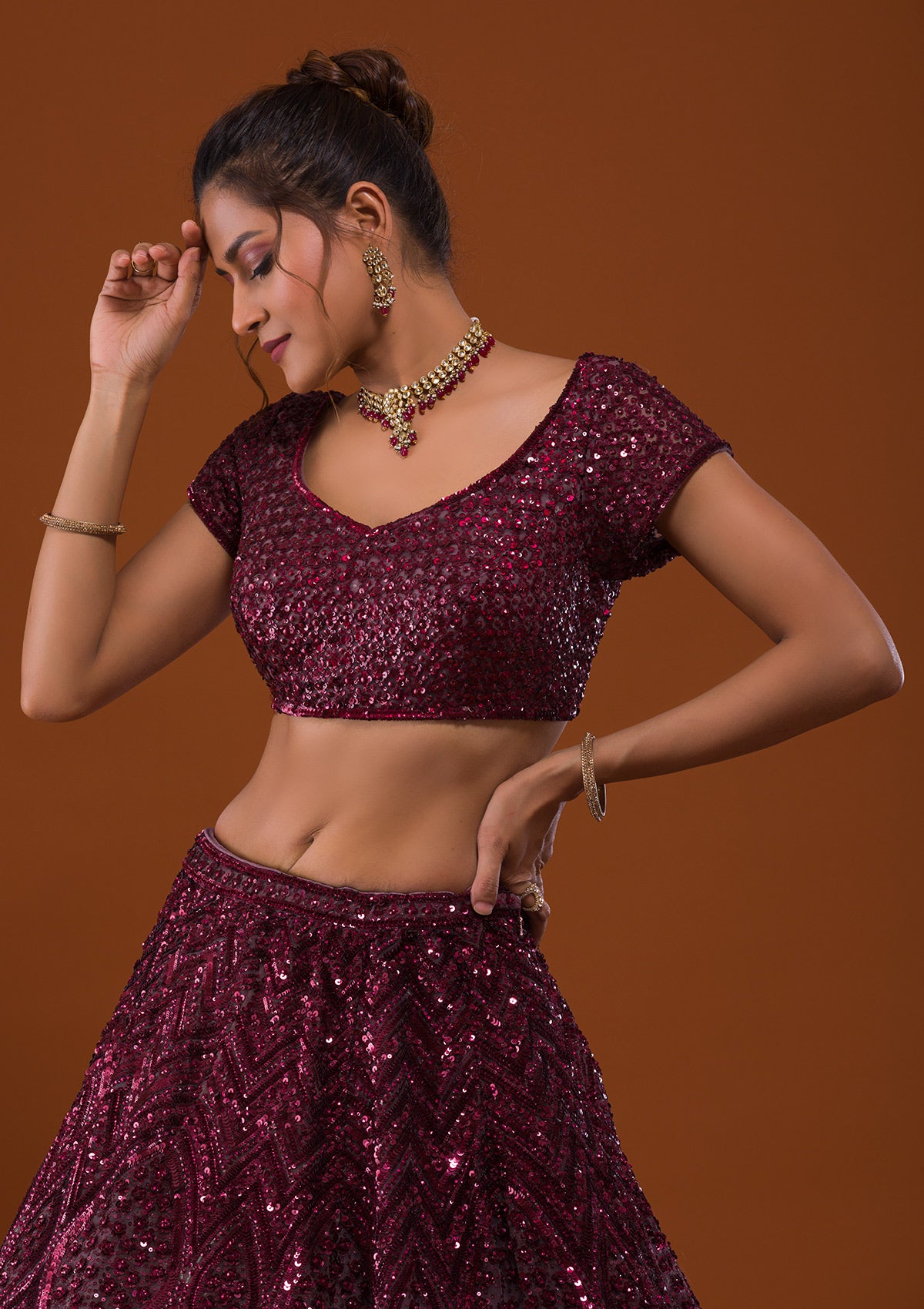 Maroon Sequins Net Readymade Lehenga - Image 7